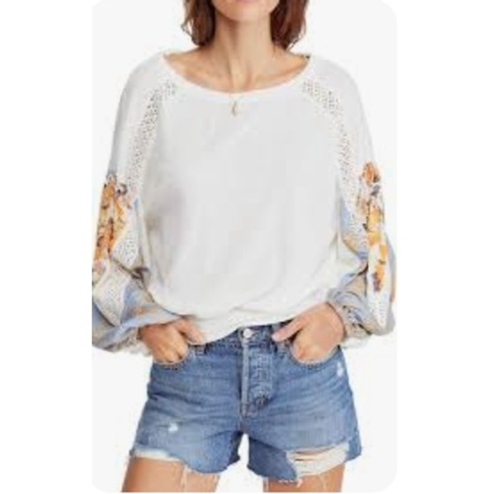Free People Ivory Waffle Knit Thermal Balloon Sleeve Crochet Lace Top S Y2K Boho